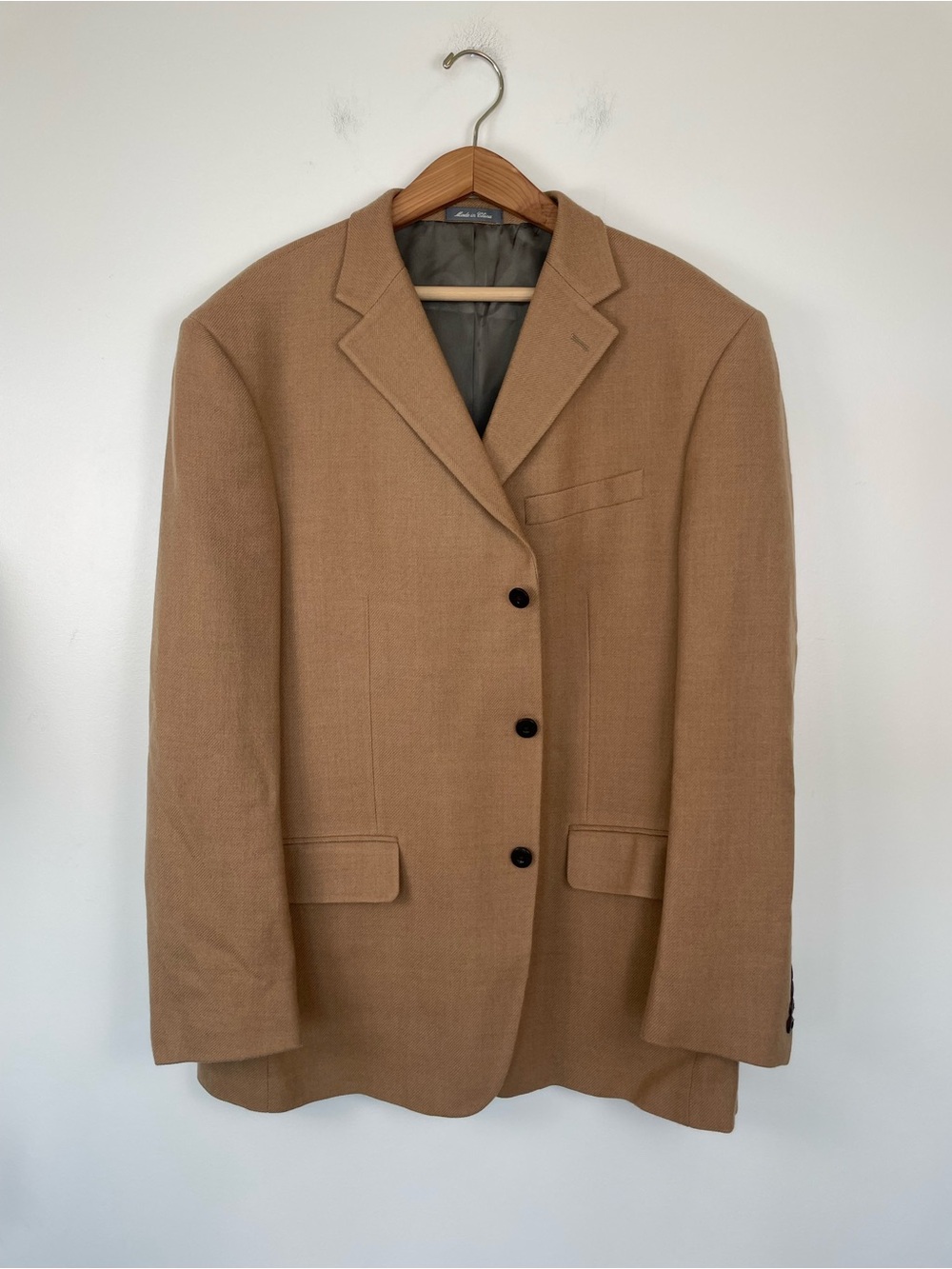 Oscar de la Renta 100% Wool Camel Tan Blazer Jacket Size 46L Vintage Suit Coat